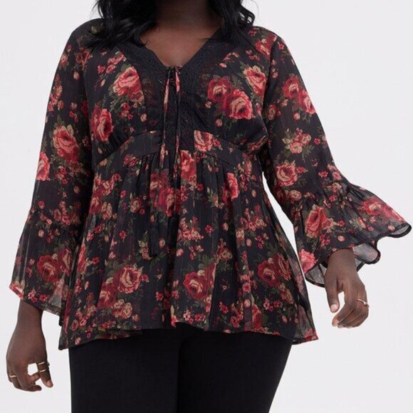 Black Torrid Chiffon Blouse Sheer Babydoll Lurex Crochet Boho Red Floral… - Picture 2 of 11